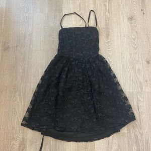Lulus black floral embroidered lace up back mini dress